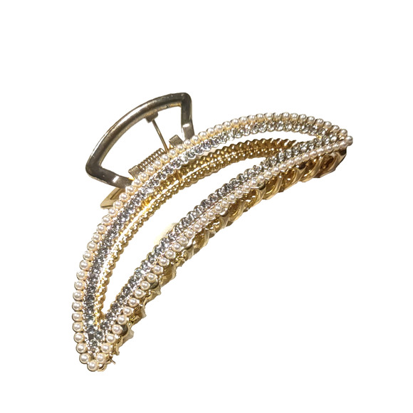 Hair Barrette Alligator Clip Rose gold Tone Rhinestone Faux Pearl - Picture 2 of 6